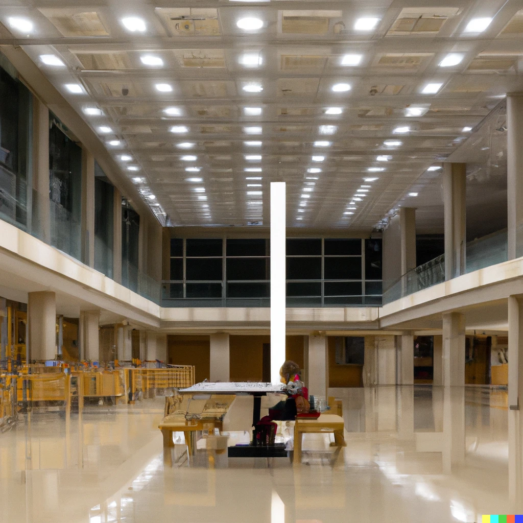 Prompt: A photorealistic image of a large public library with a cavernous reading space and ceiling light. One small girl reading a book sits at the center table.  Room is lit by one single lamp next to the girl.