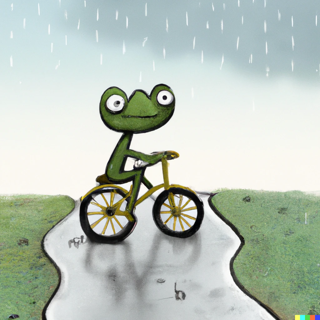 Prompt: A tiny frog riding a tiny bicycle in the rain along a cartoon dirt path.