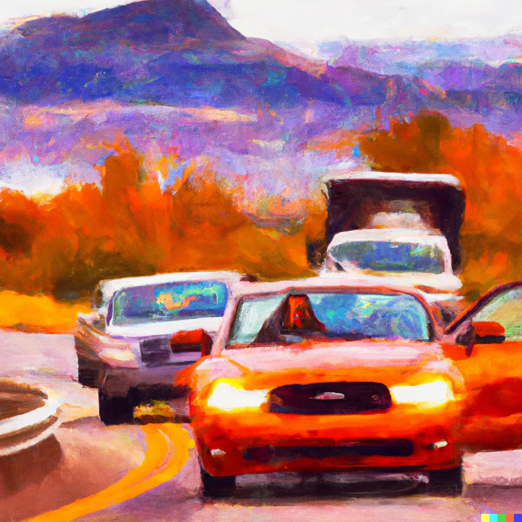Prompt: Impressionist painting of a frustrated driver of an orange Dodge Charger on a two lane round crowded with trucks driving through mountains in the fall