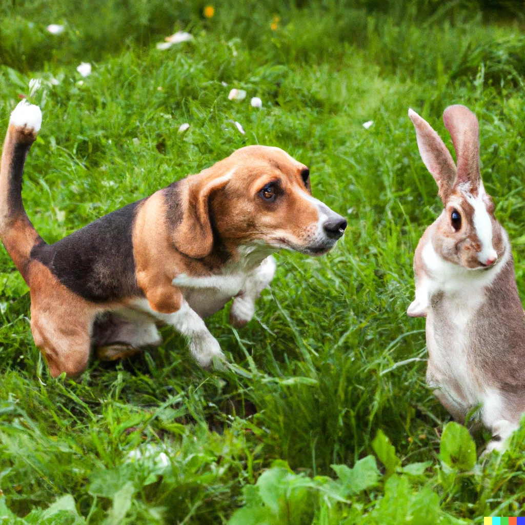 Prompt: A mix-breed dog of beagle, dachshund, and corgi is chasing a rabbit