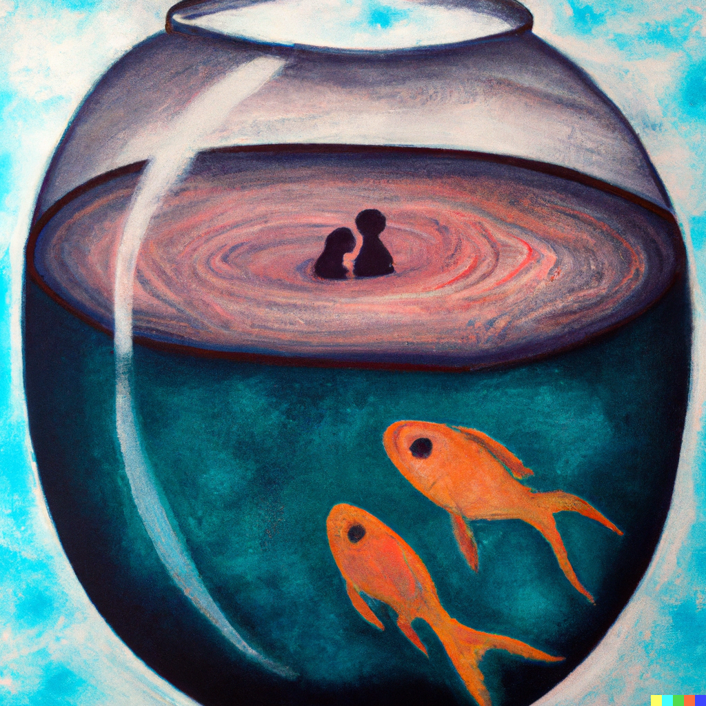 Isaac × DALL·E 2 | Painting of two lost souls swimming in a fish bowl