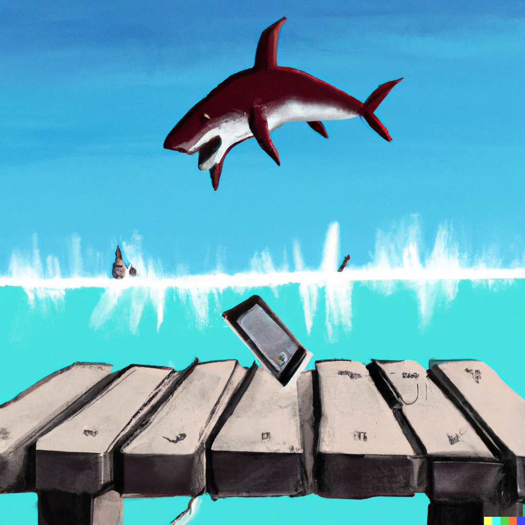 Prompt: Painting of dock on a lake, sunny day, with a shark jumping out of the water trying to bite a giant iphone flying in the air