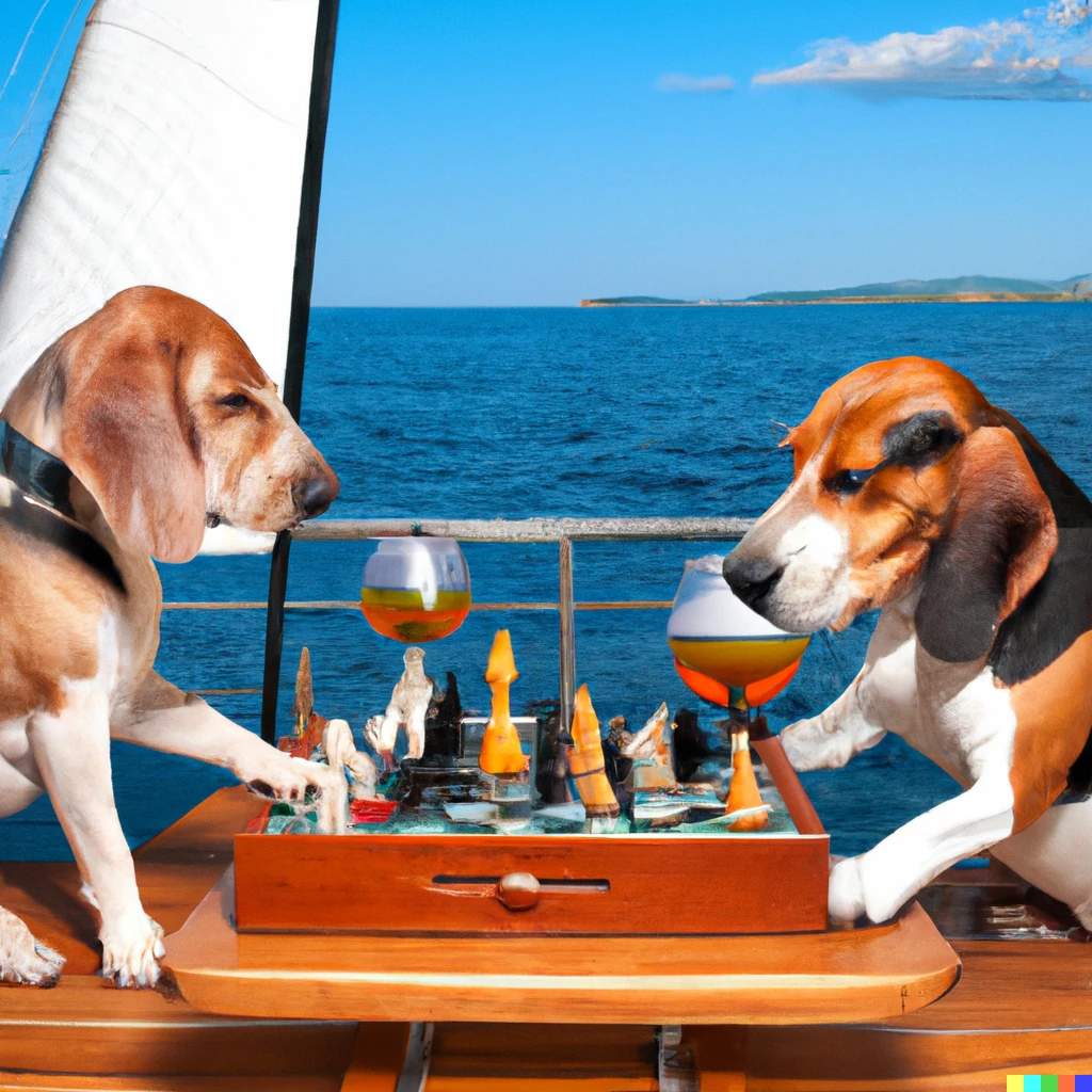 Prompt: A beagle and a dachshund on a sailboat deck in the ocean are playing chess and drinking beer 