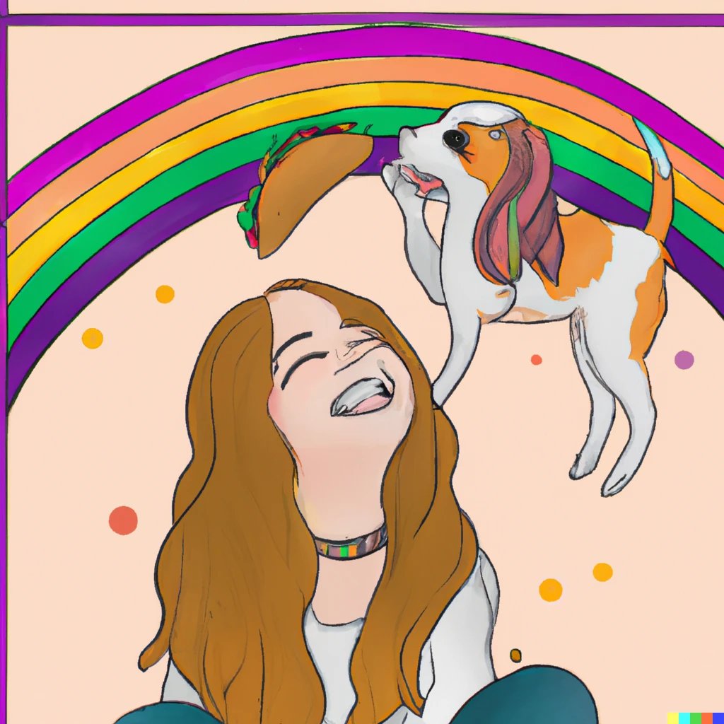 Prompt: A rainbow in a girl’s long hair, eating a taco, cheese dripping from her chin with her beagle jumping up to her knee