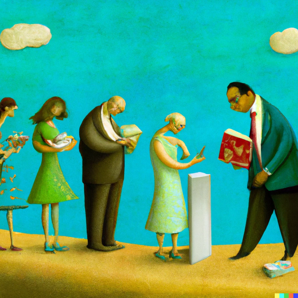Prompt: A surreal painting of an author autographing his book for a business woman waiting on line with other fans