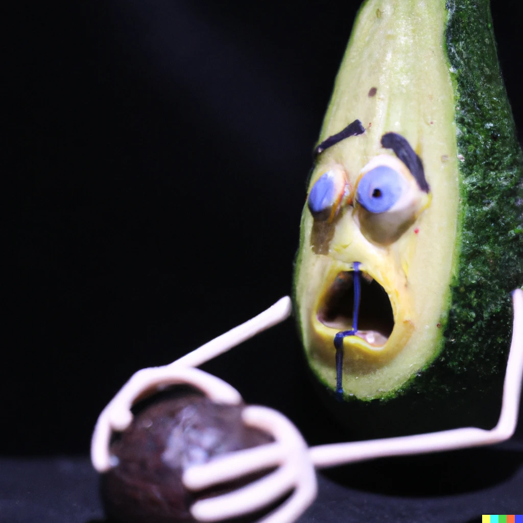 Prompt: Tim Burton depicts the agony of opening an unripe avocado