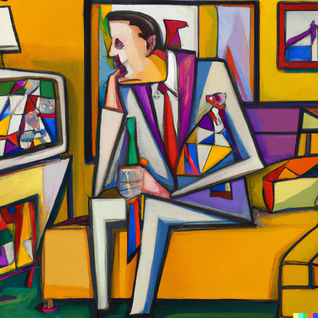 Prompt: Cubism painting of a male executive watch TV in a boring hotel room thinking about his kids playing at home