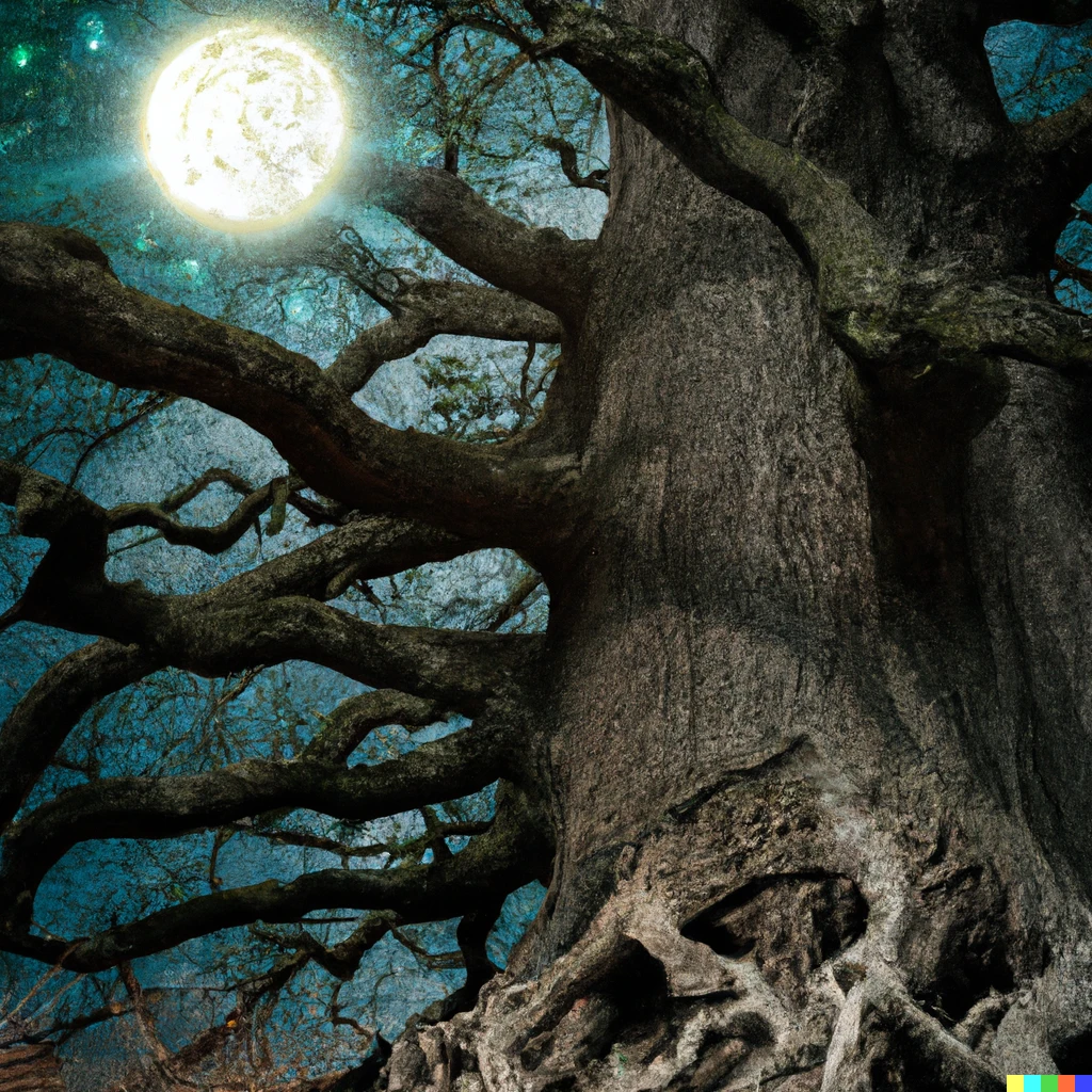 Prompt: Detailed photograph. An immense old oak, the World Tree of legends. Deep roots and wide branches. The Sun and the Moon on the branches. Deep black space with galaxies and stardust in the background.