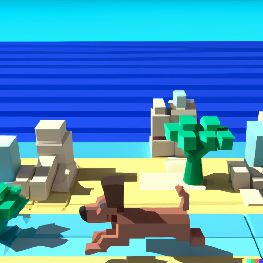Prompt: 3D art made of LEGO with a cool dog running through the city by the sea
