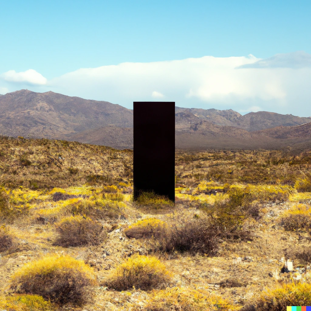 Prompt: An ominous rectangular black monolith in the middle of a colorful desert landscape.