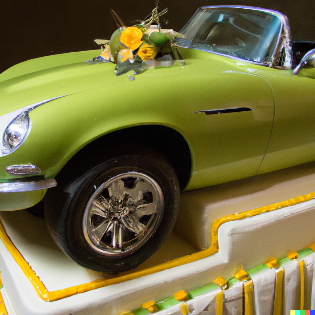 Prompt: green jaguar XKE driving on top of a yellow wedding cake