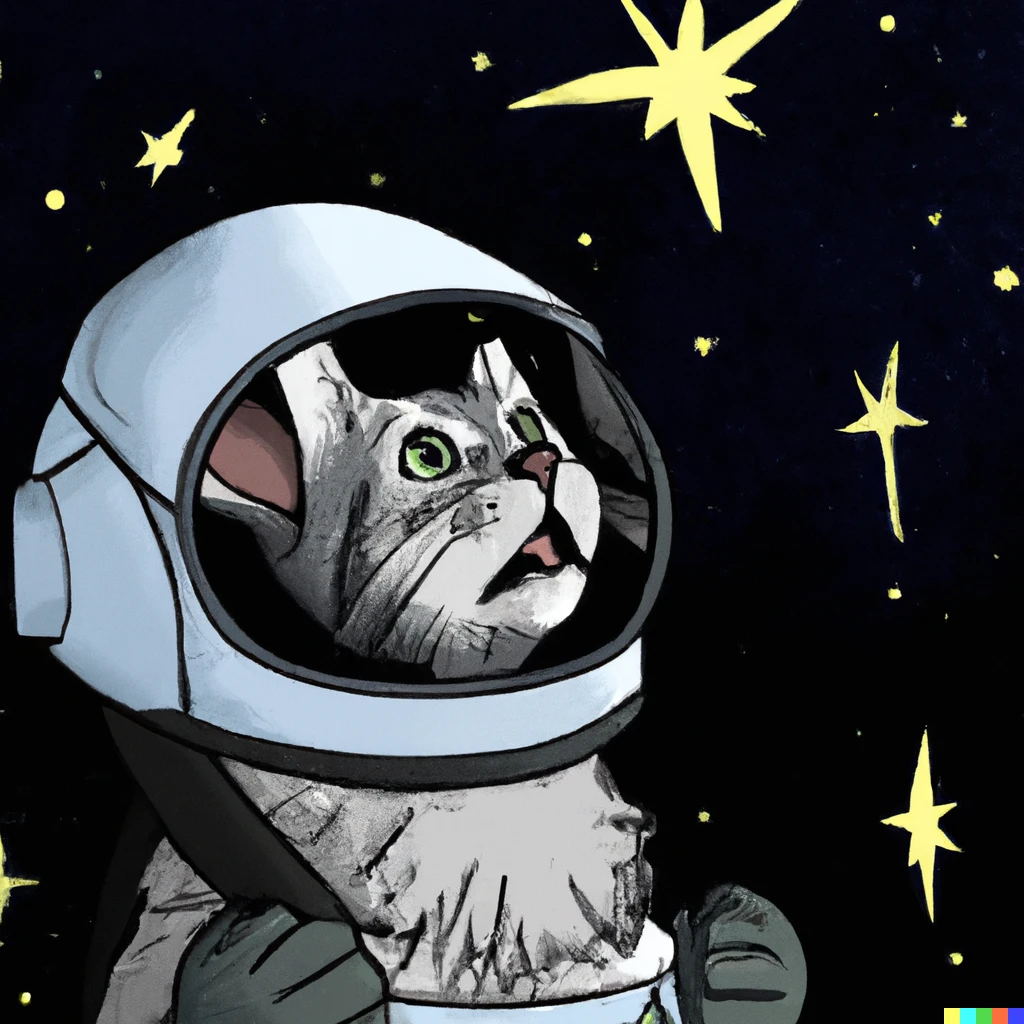 Prompt: a cat wearing a spacesuit holding its helmet looking up at the stars in amazement  