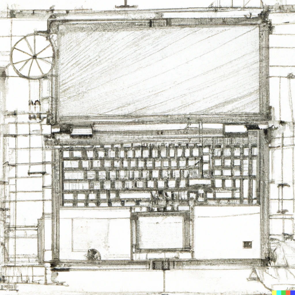 Prompt: a very old and detailed engineering drawing of a laptop drawn by Leonardo de Vinci  1503
