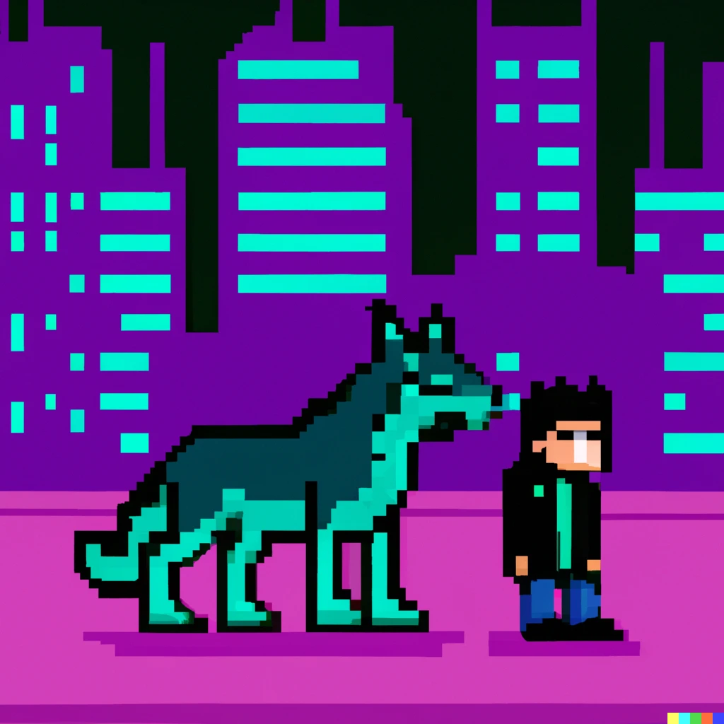 Prompt: A pixel art of alpha wolf in cyberpunk city underground with is human friend