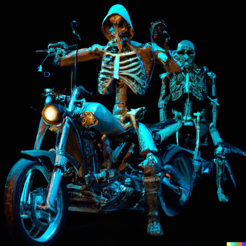 Prompt: /imagine prompt:angry skeletons on motorcycles with demon eyes, leather jacket, equipped with guns and chains, dynamic camera angle full view, hyper-realistic, cinematic, movie lighting