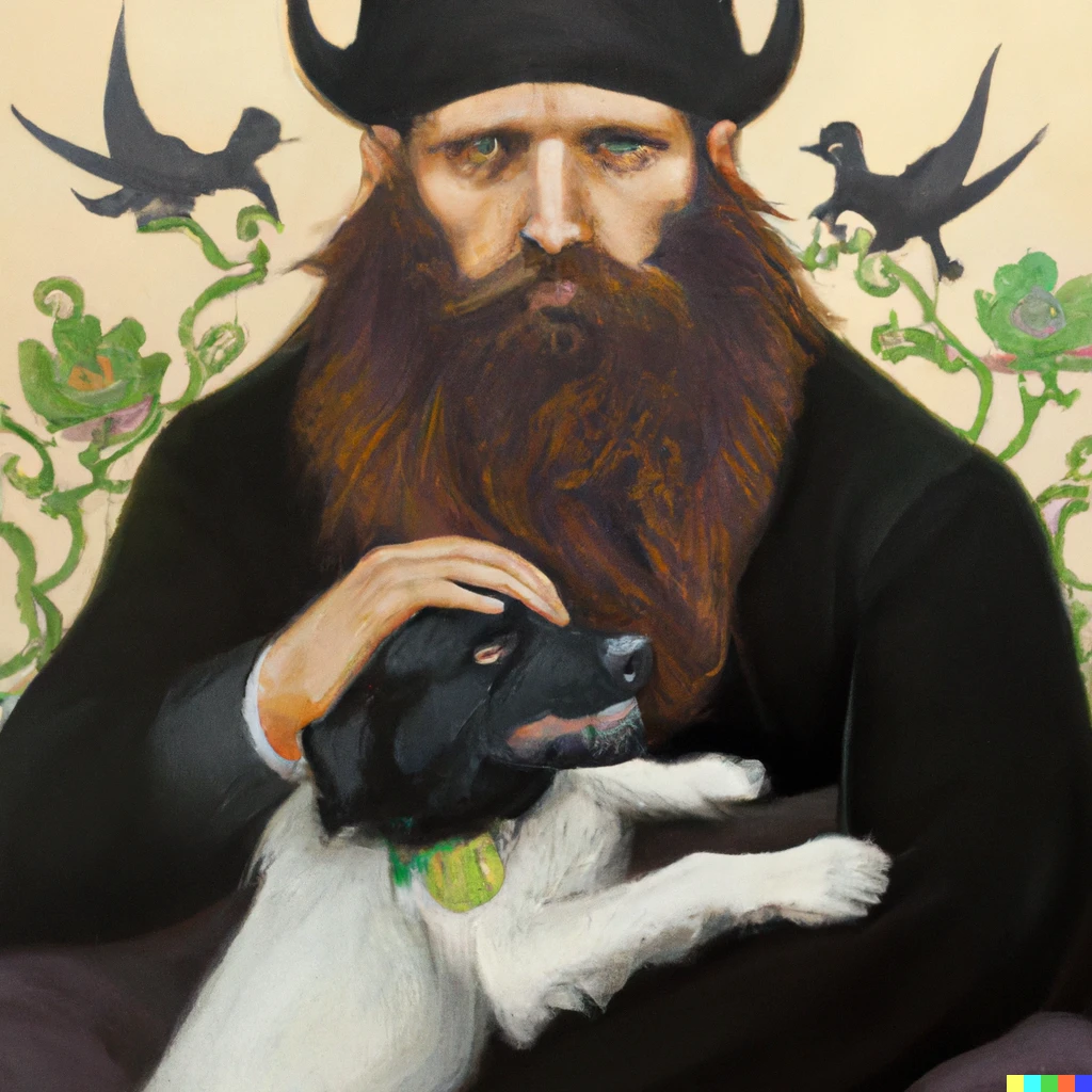 Prompt: bearded guy front and his a angry black dog, painting by Alphonse Mucha