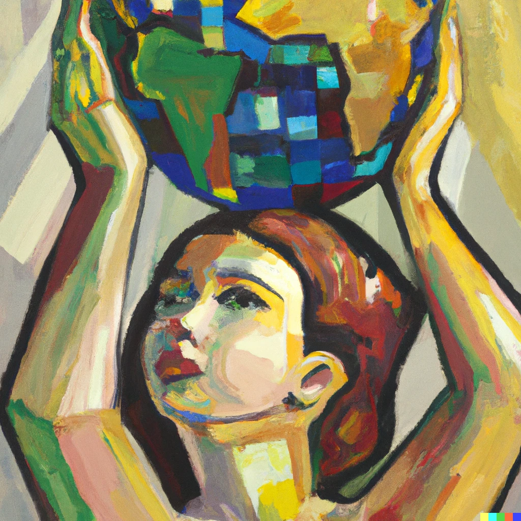 Prompt: A cubist oil painting of a young girl holding the world above her head