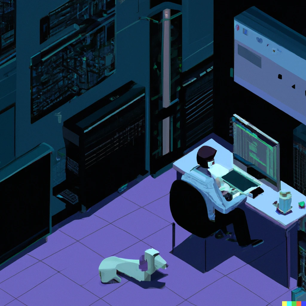 Prompt: A high quality painting, isometric view within a gigantic data center, of a lone systems engineer working at his computer, sipping coffee late at night while his dog sleeps by his side