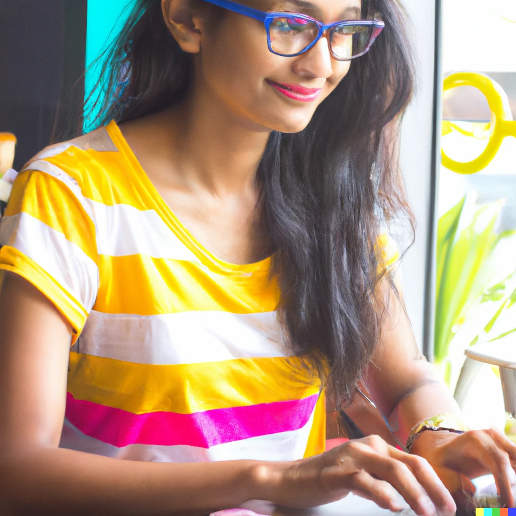 Prompt: A stock photo of a beautiful slim female model wearing glasses and a bright colored tshirt, smiling while typing on a computer, in a coffee shop, natural lighting
