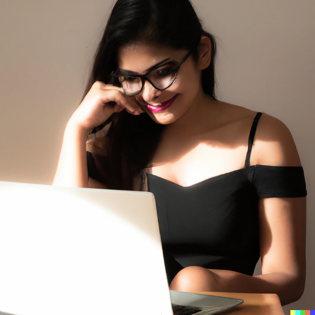 Prompt: A stock photo of a slim female model wearing glasses, smiling while typing on a computer, natural lighting