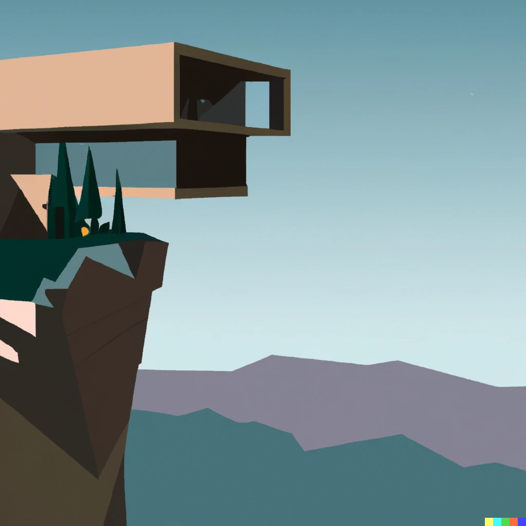 Prompt: futuristic single-level house overlooking a cliff, with a zoomed mountain-side in the background with a wild forest