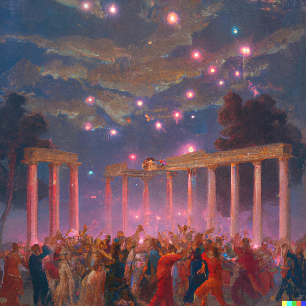 Prompt: baroque realist painting of a crowd of ancient Greeks dancing in the agora, holding glowsticks, under a night sky filled with discoballs