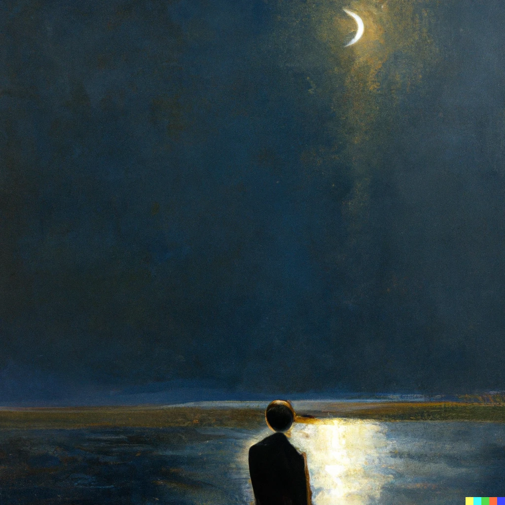 Prompt: Rembrandt oil painting depicting a man alone standing in a shallow lake with the back to the viewer contemplating a solar eclipse in the sky illuminated by fluorescent light