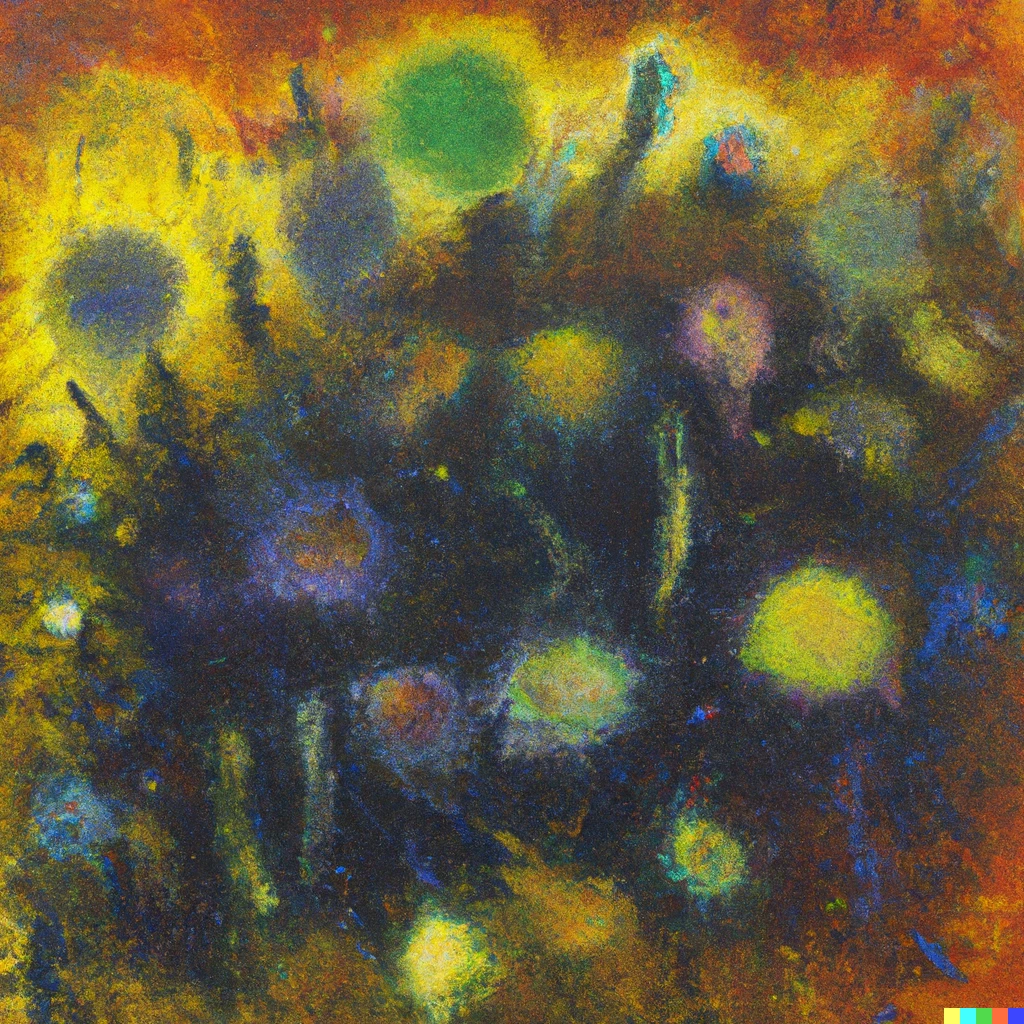 Prompt: Expressive oil painting of microscopic plant life, depicted as a burst of energy in the style of J. M. W. Turner