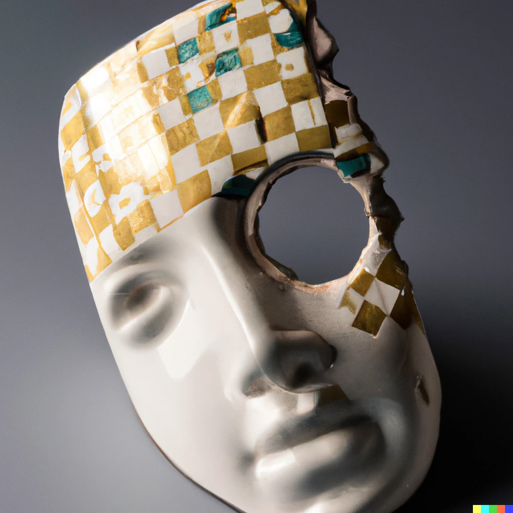 Prompt: An artistic album cover studio photograph of an abstract sculpture of a face made from patterned porcelain, it has been partially repaired with gold kintsugi