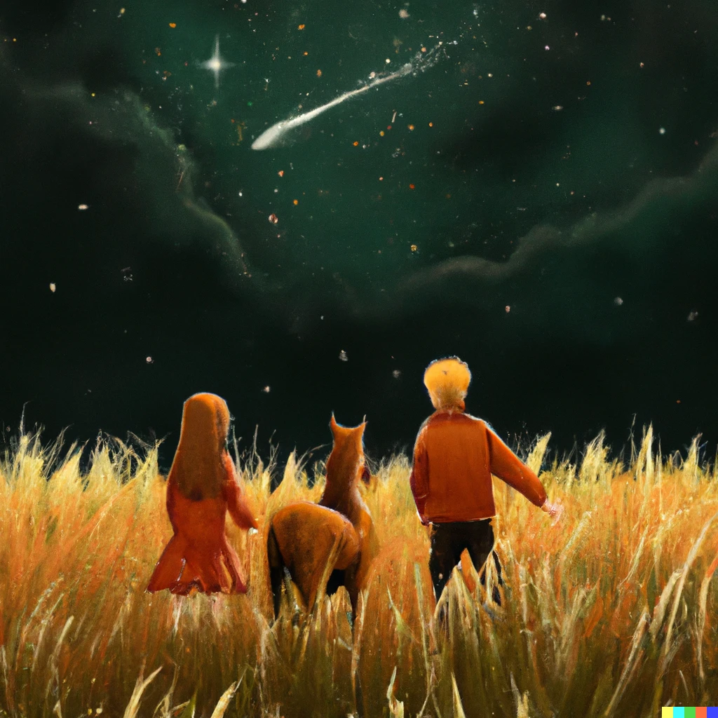 Prompt: A starry night in a boundless grass plain with one boy and one girl playing with a horse