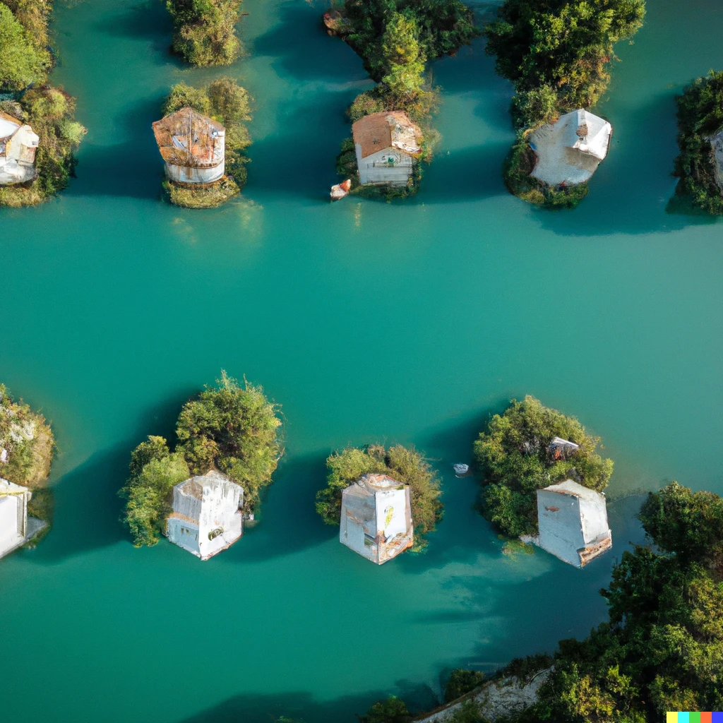 Prompt: high quality photo of aerial tiny tree houses in cyan lake