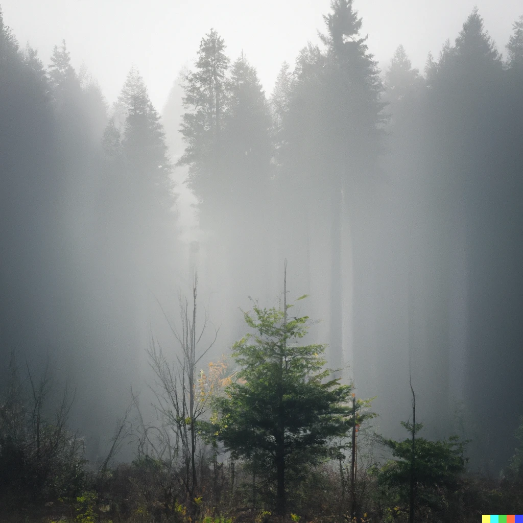 Prompt: tiny tree in the middle of foggy black forrest 