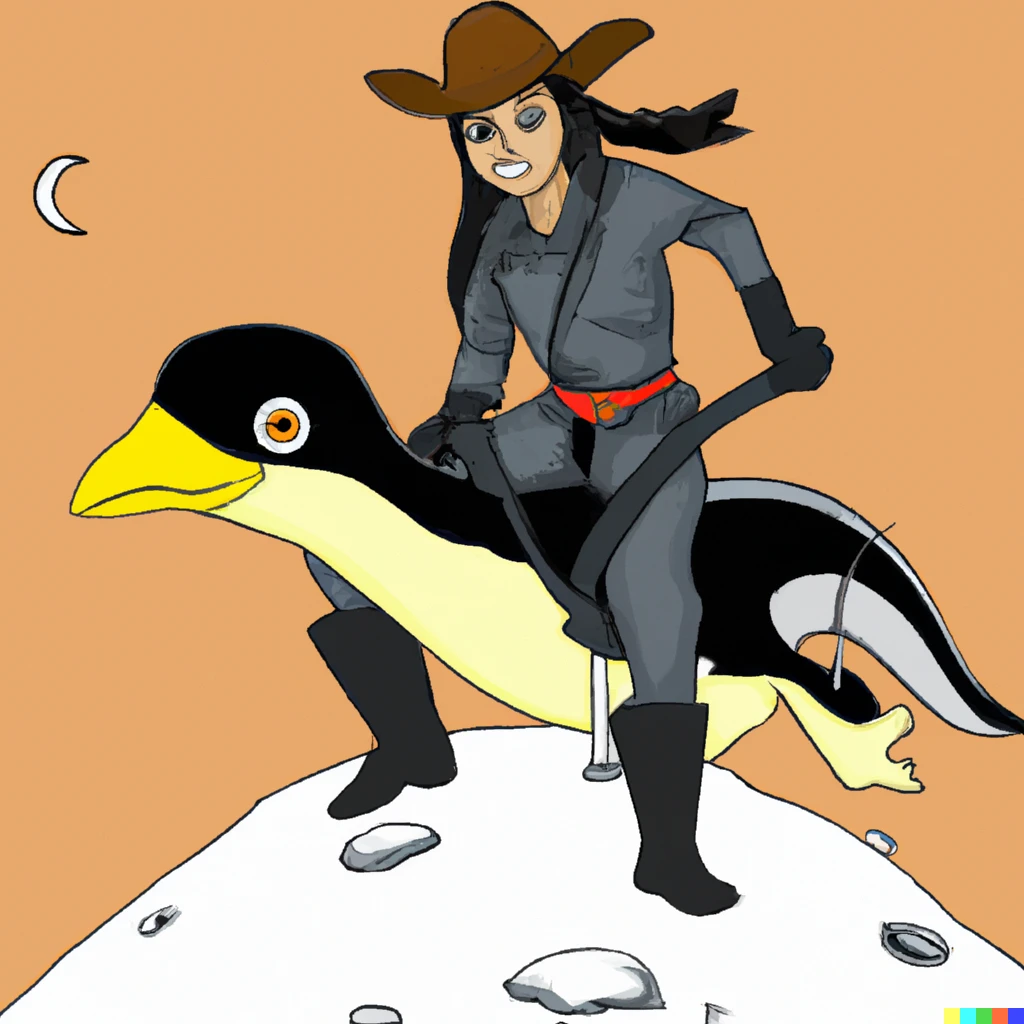 Prompt: A cowboy ninja riding a penguin on the surface of the moon