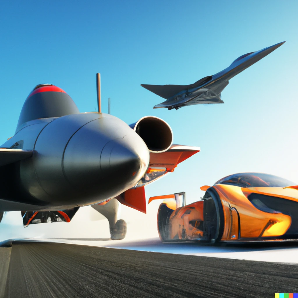 Prompt: supercar racing with a fighter jet, digital art
