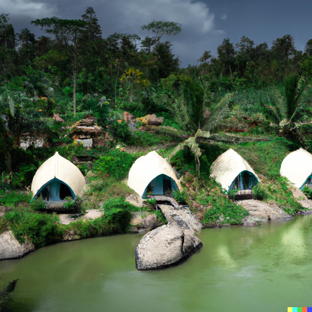 Prompt: Stunning white geodome house village in a tropical grassland with a clear water flowing river