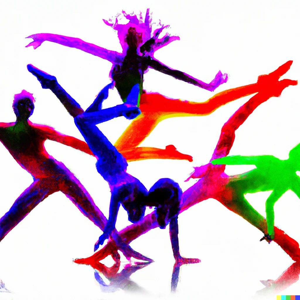 Prompt: A photo of colored silhouette dancers in expressive poses