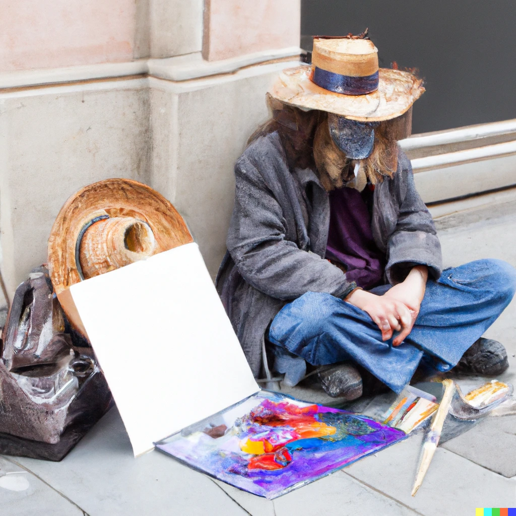 Prompt: A poor disheveled artist, selling their art on a street corner