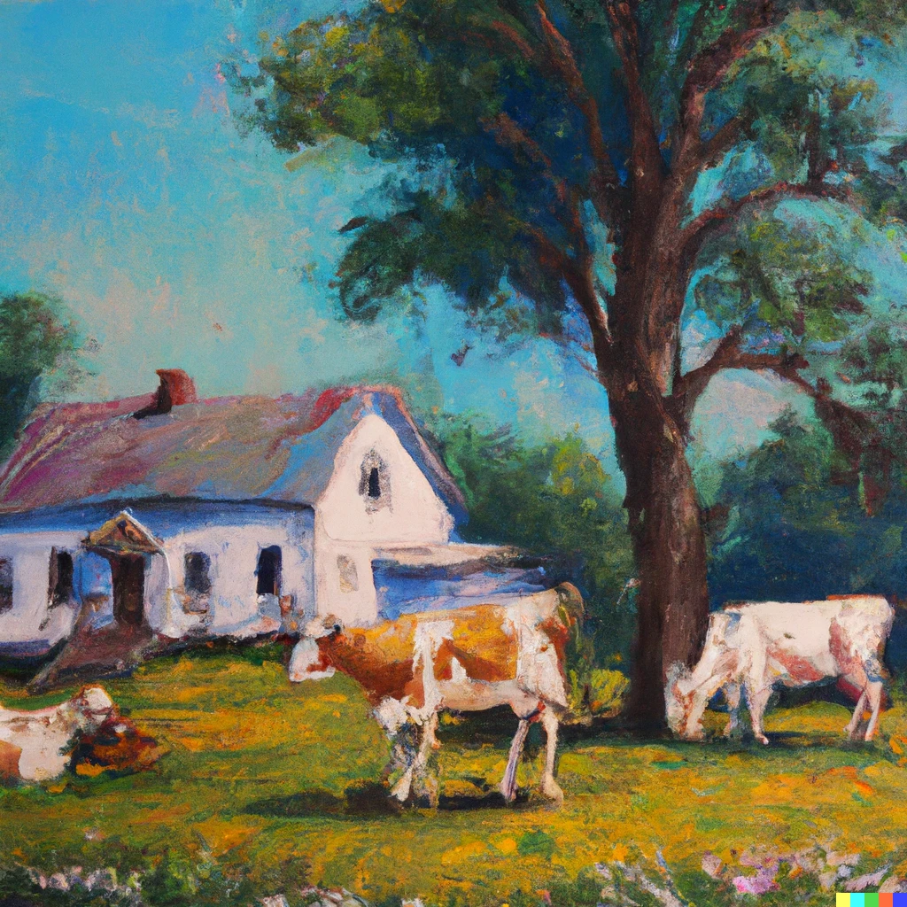 Prompt: Oil painting of a farm house with cows 