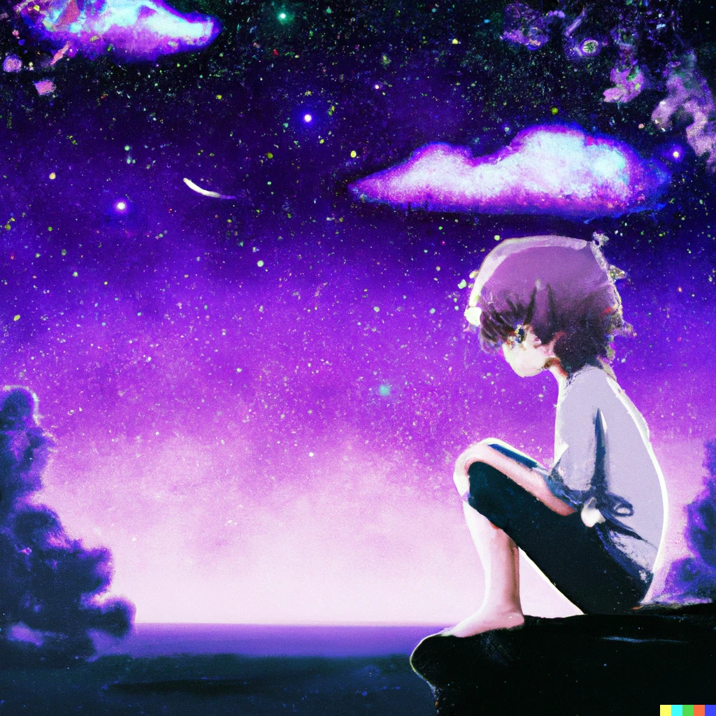 DALL-E prompt: sad anime boy sitting on a hill looking at - PromptHero