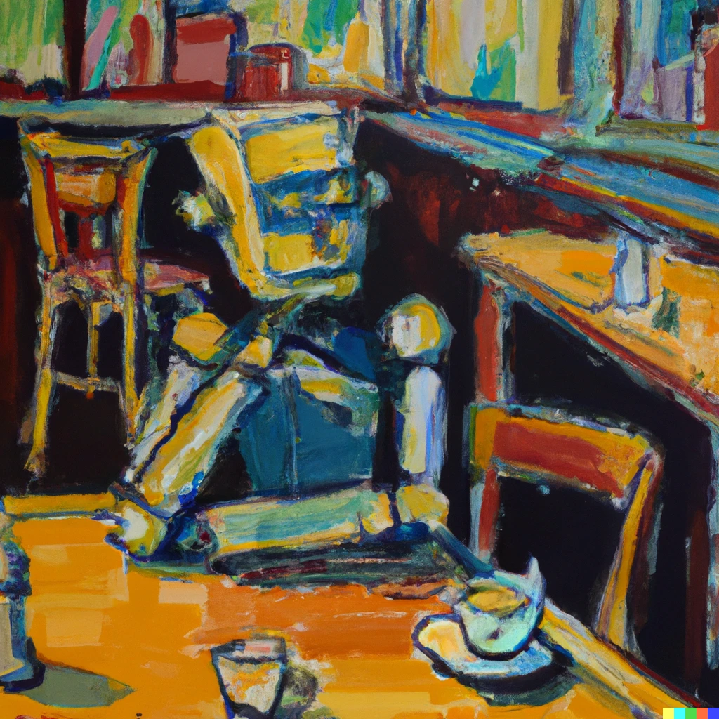 Prompt: A Van Gogh painting of a robot sitting in a cafe in Amsterdam 