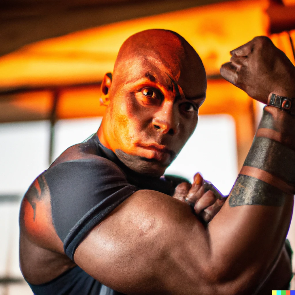 Prompt: photograph portrait of geordi la forge flexing his muscular arms in a gym, striking features, intense expression, medium shot, fine art photography, golden hour lighting, f/1.8, by Jenny Saville