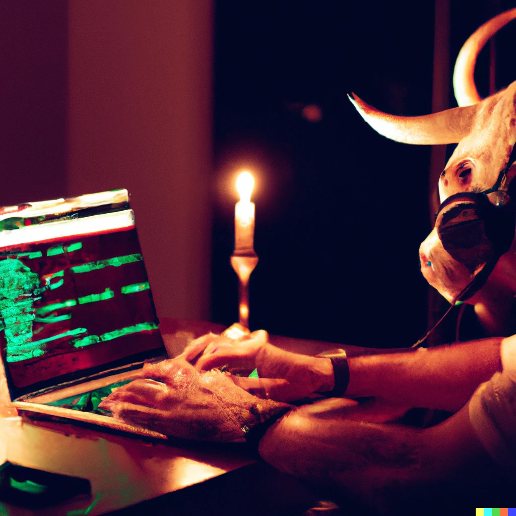 Prompt: Literal Crypto Bull writing code on large laptop like a enthousiastic maniac that loves tech and green candles