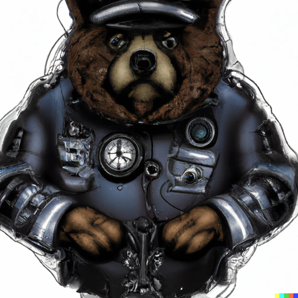 Prompt: A steam punk image of a police cyber patrol bear in a hacker’s uniform. 
