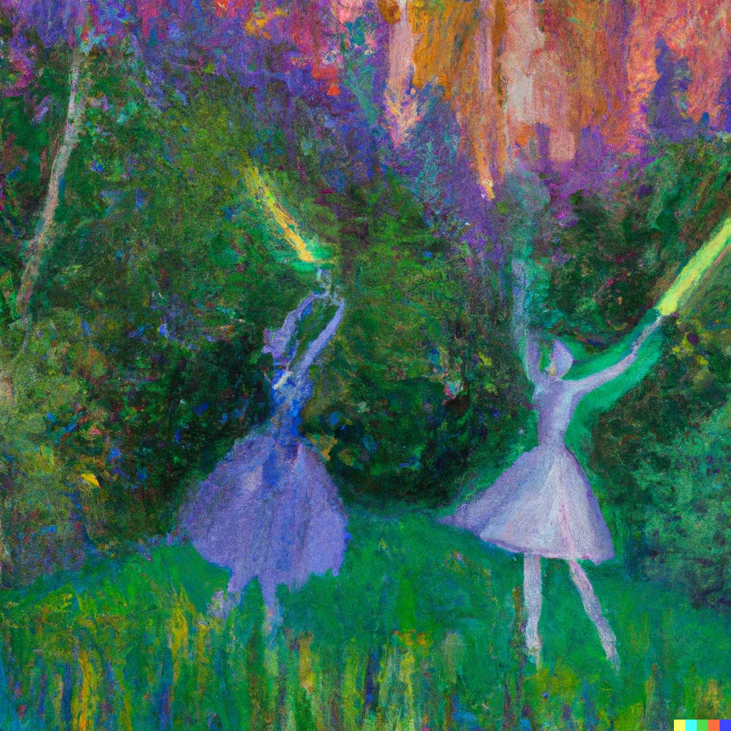 Prompt: Impressionist painting of two ballerinas fighting with green and purple light sabers in a meadow in the forest, as painted by Edgar degas. 