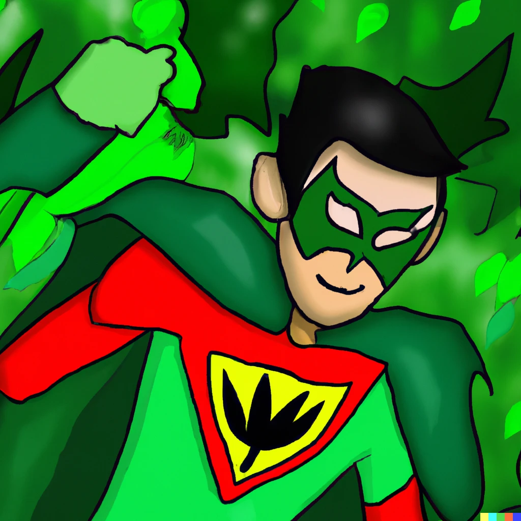 Prompt: a green-leaf-covered superhero born in a jungle