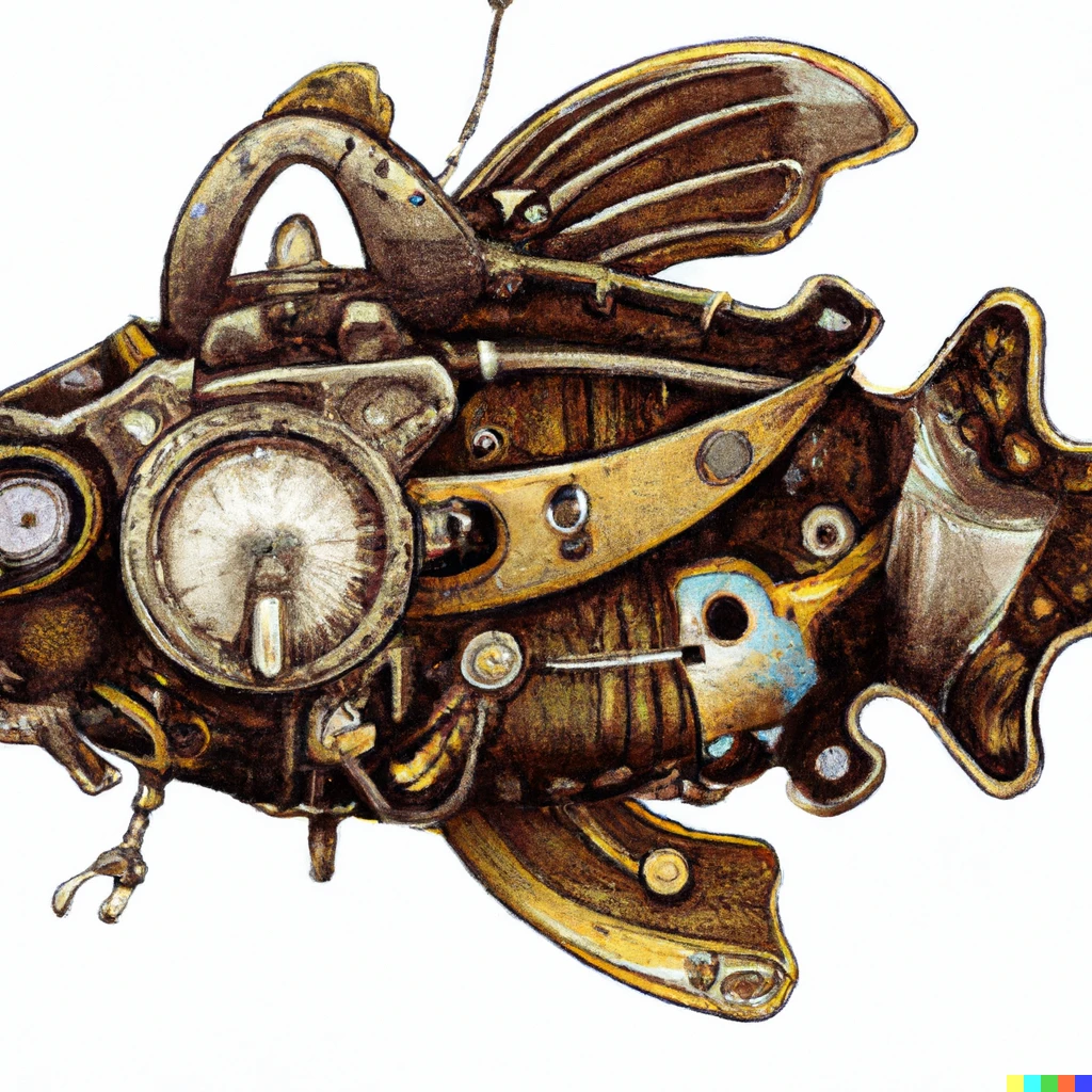 Prompt: Steampunk flying fish robot