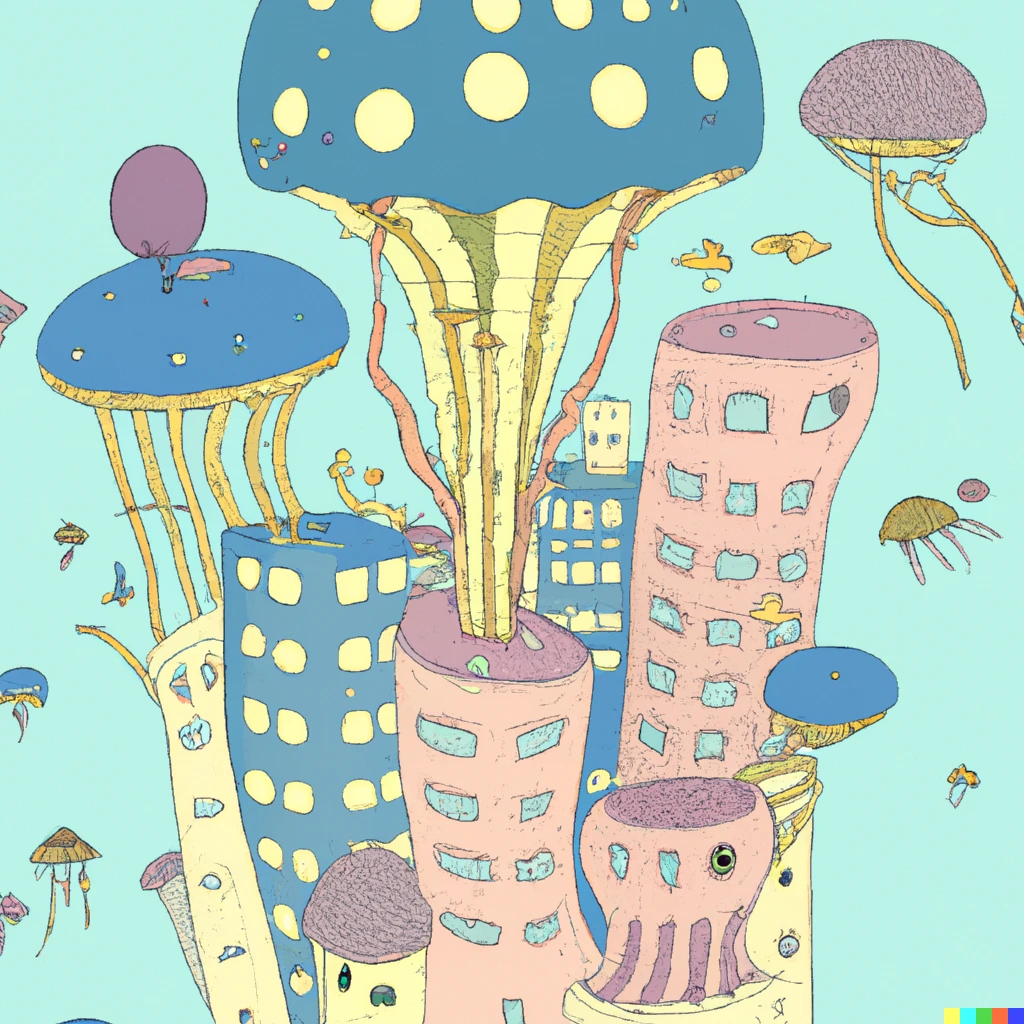 Prompt: A city made of mushroom skyscrapers with flying jellyfish and whale shaped blimps