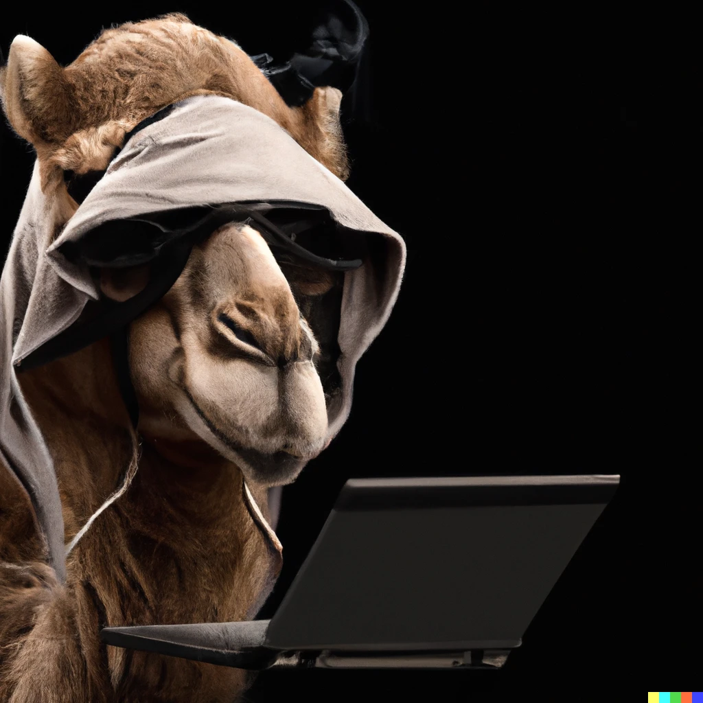 Prompt: a photo of a mysterious and clever camel disguised as a hacker