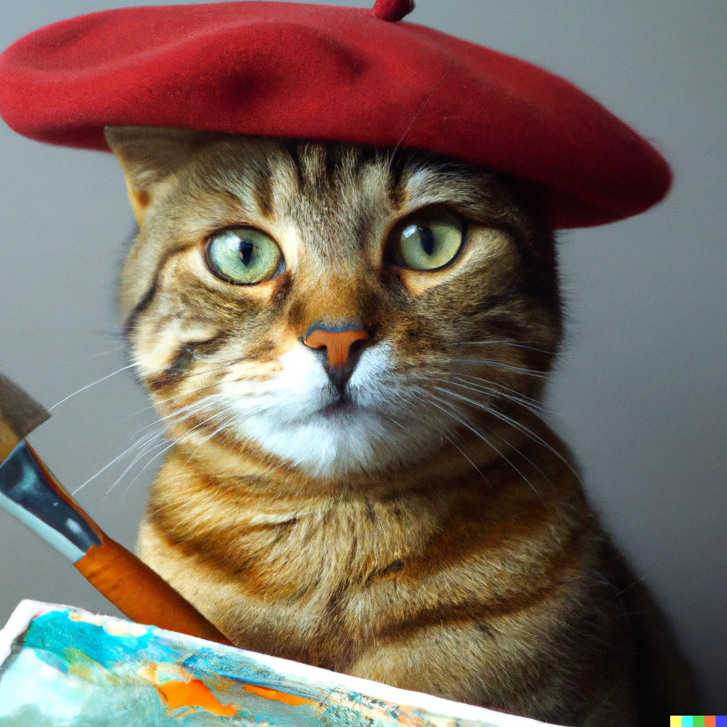 Prompt: Photo of a cute cat wearing a beret and holding a brush and looking at us while painting in oil.