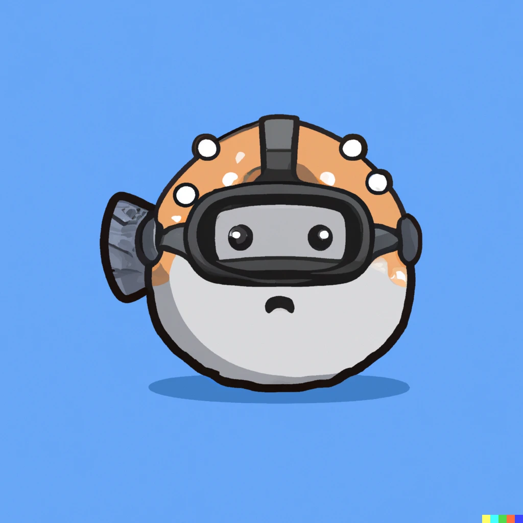 Prompt: Cute puffer fish character wearing a helmet